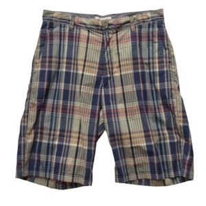 Joseph Abboud Blue Tan Plaid Flat Front Chino Shorts 32